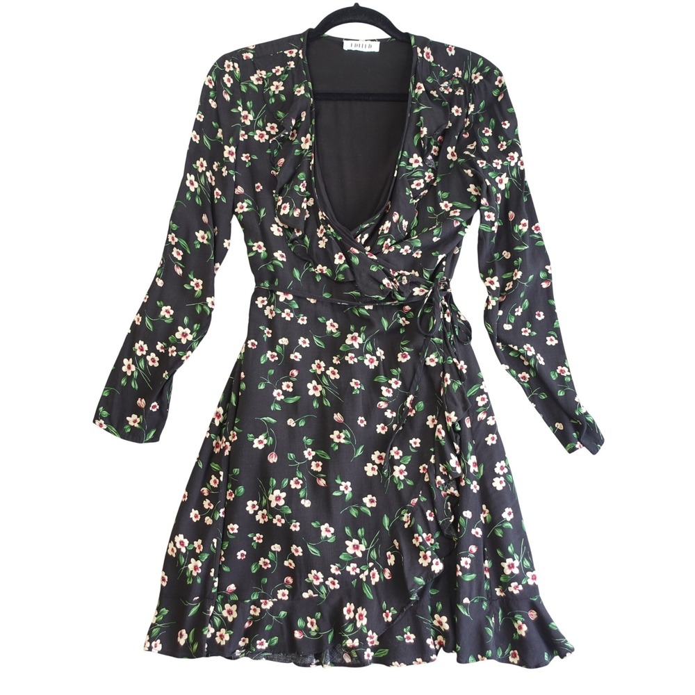 Cherry Blossom Wrap Dress Womens 42 Black Dark Floral Ruffle Mini Romantic Party